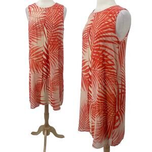 Chicos Tropical Palm Leaf Print Sleeveless Dress Flyaway Front Coral Cream M